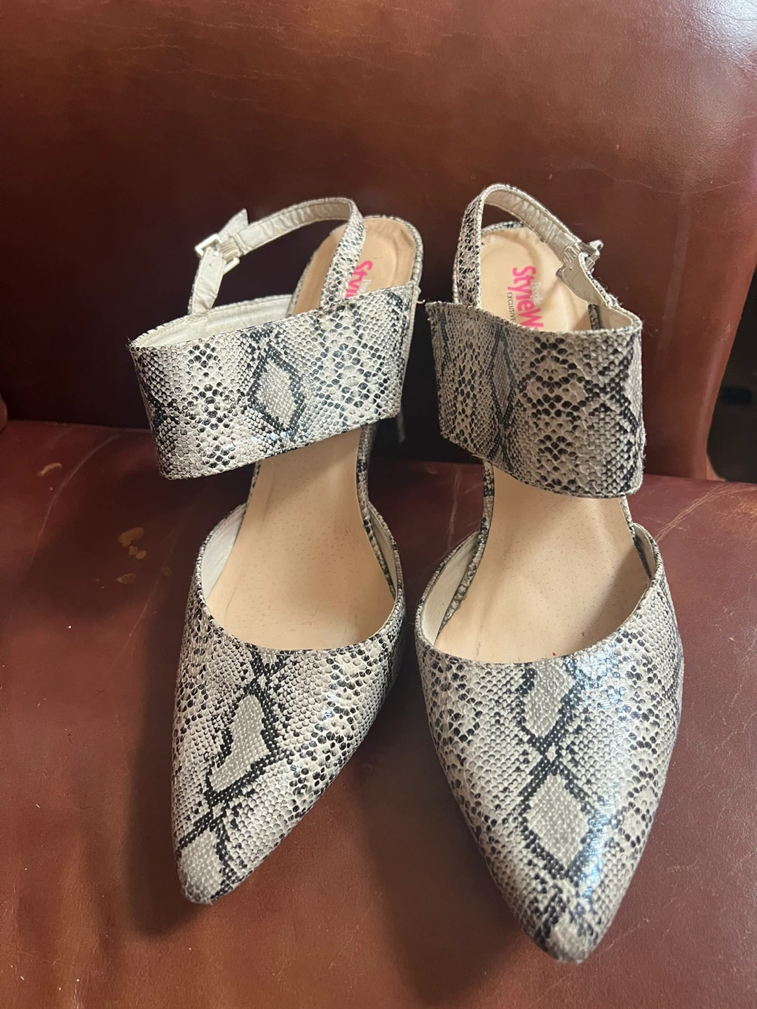 StyleWatch Snake Print Ankle Strap Heels