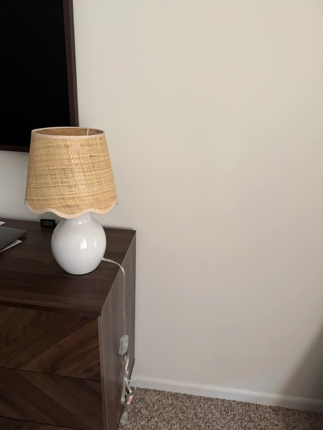 Two White Ceramic Table Lamp with Woven Lampshade