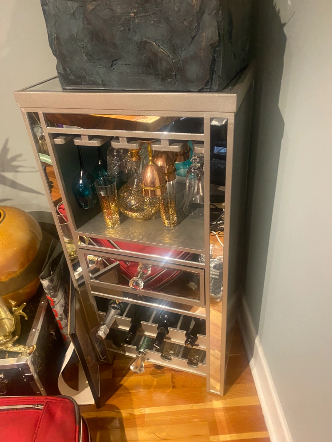 Mirrored Wine Cabinet with Glass Holder