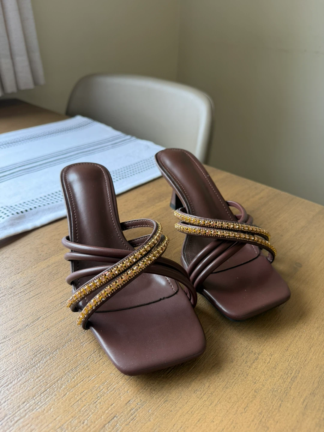 Brown Embellished Heeled Sandals - Size 37
