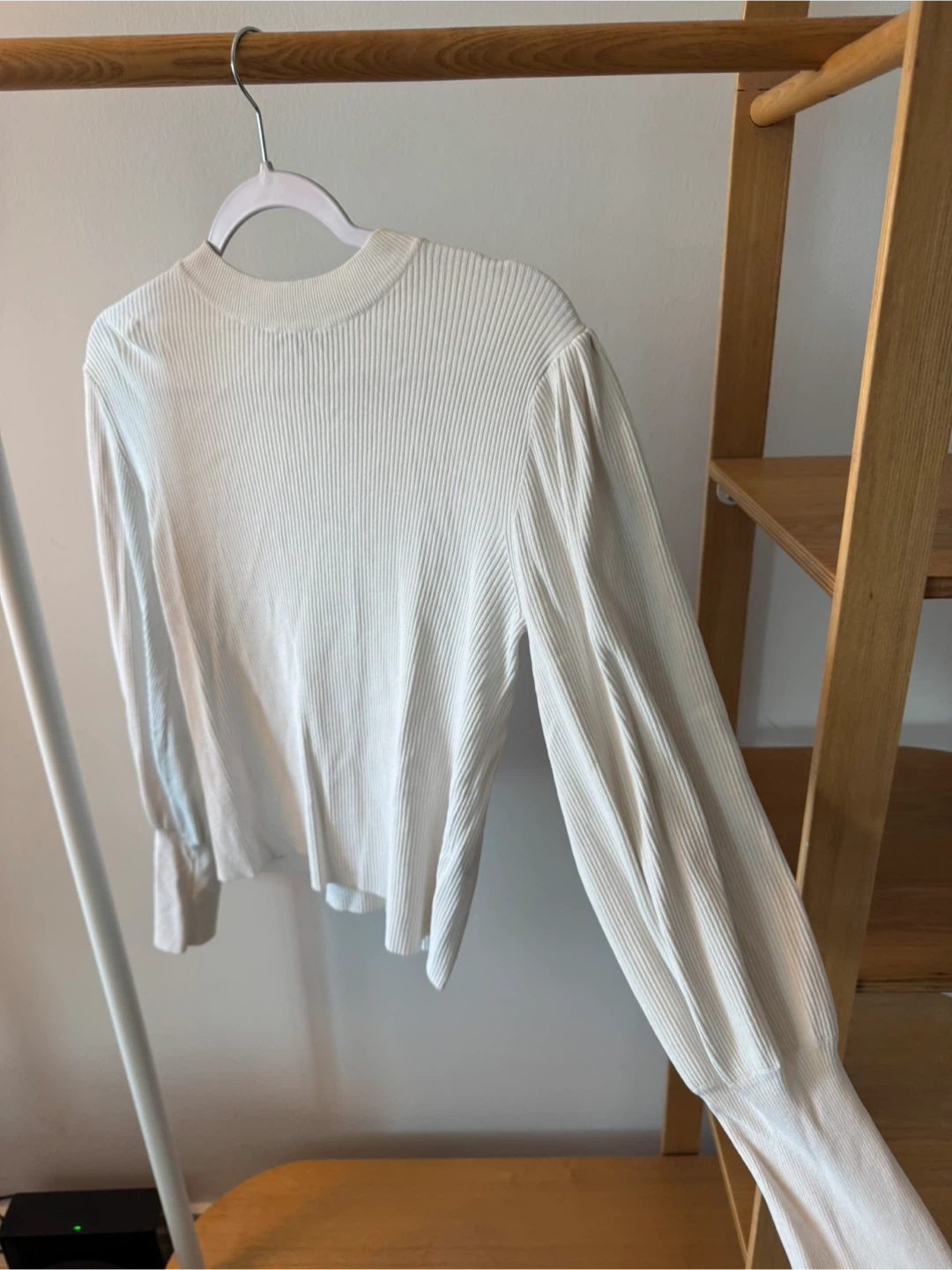 White Ribbed Puff Sleeve Sweater