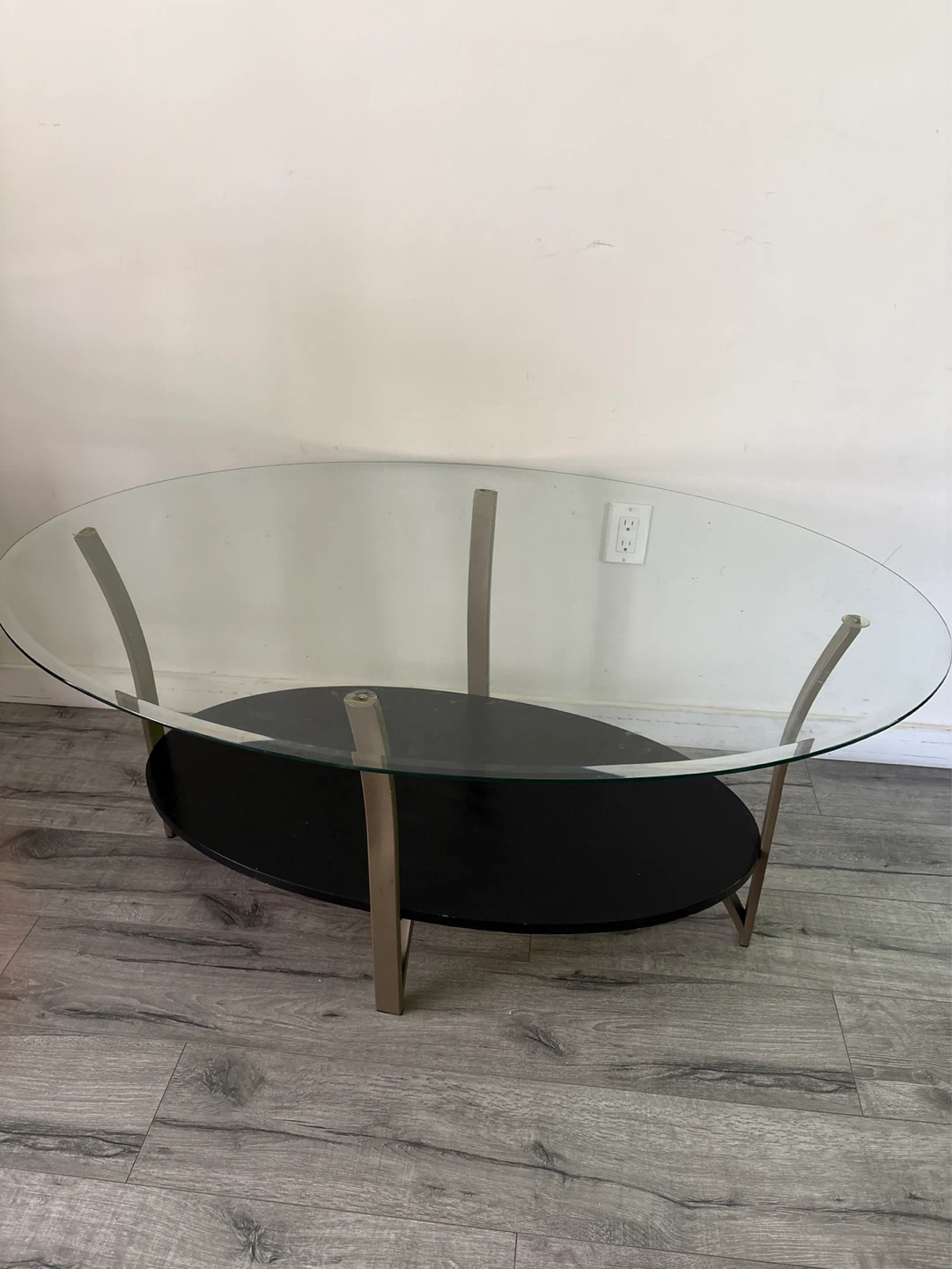 Glass Oval Coffee Table with Black Shelf