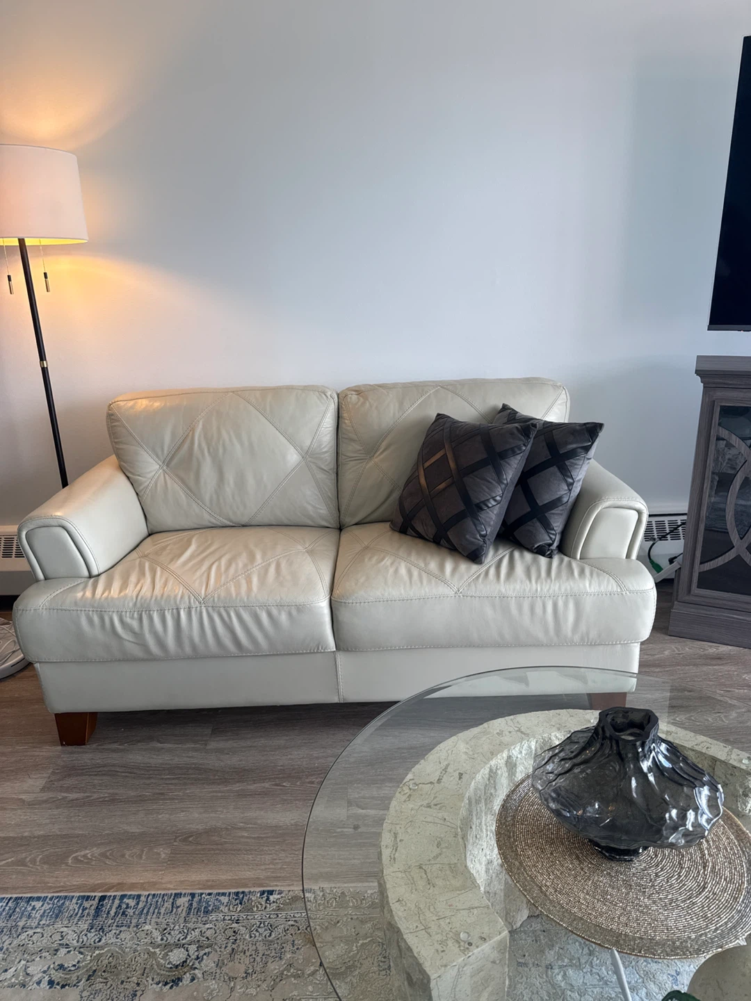 Cream Genuine Leather Loveseat Sofa(from the Brick)