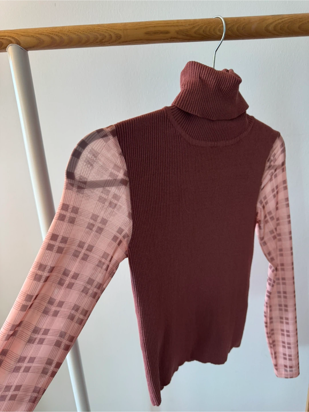 Turtleneck Top with Sheer Plaid Sleeves