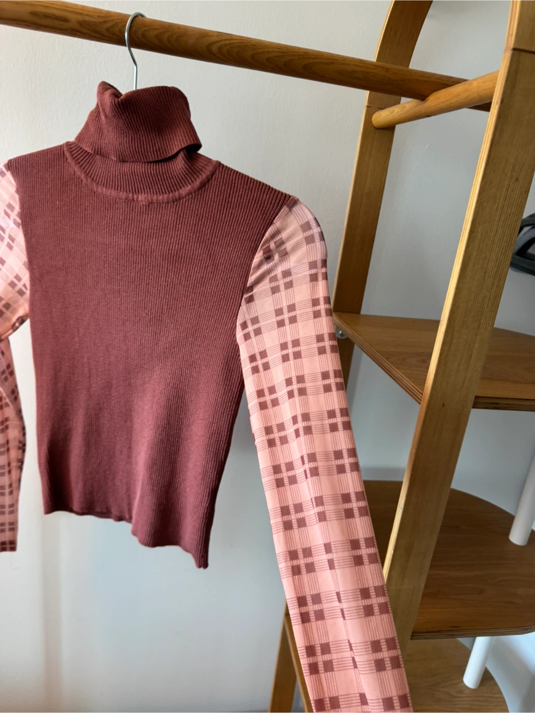 Turtleneck Top with Sheer Plaid Sleeves - photo 3