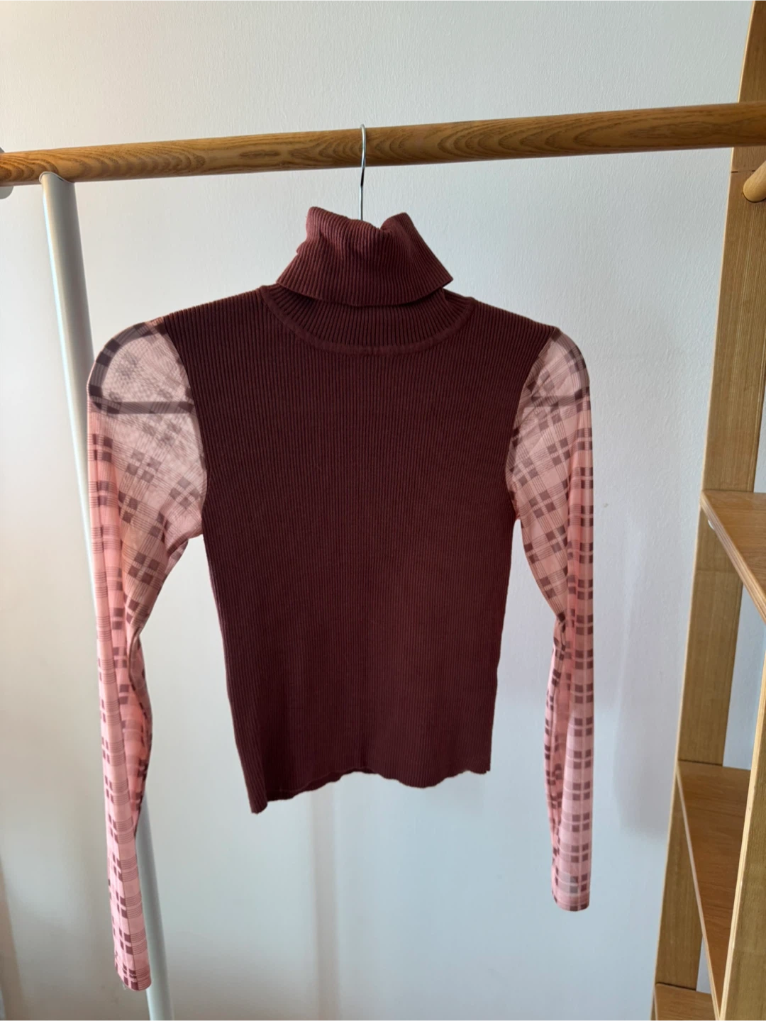 Turtleneck Top with Sheer Plaid Sleeves - photo 2