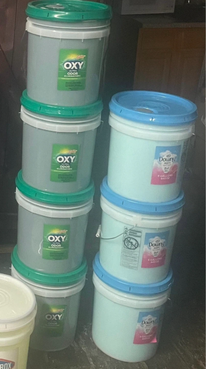 Tide, Gain, Dawn, Downy, and Oxy Laundry Detergent Buckets