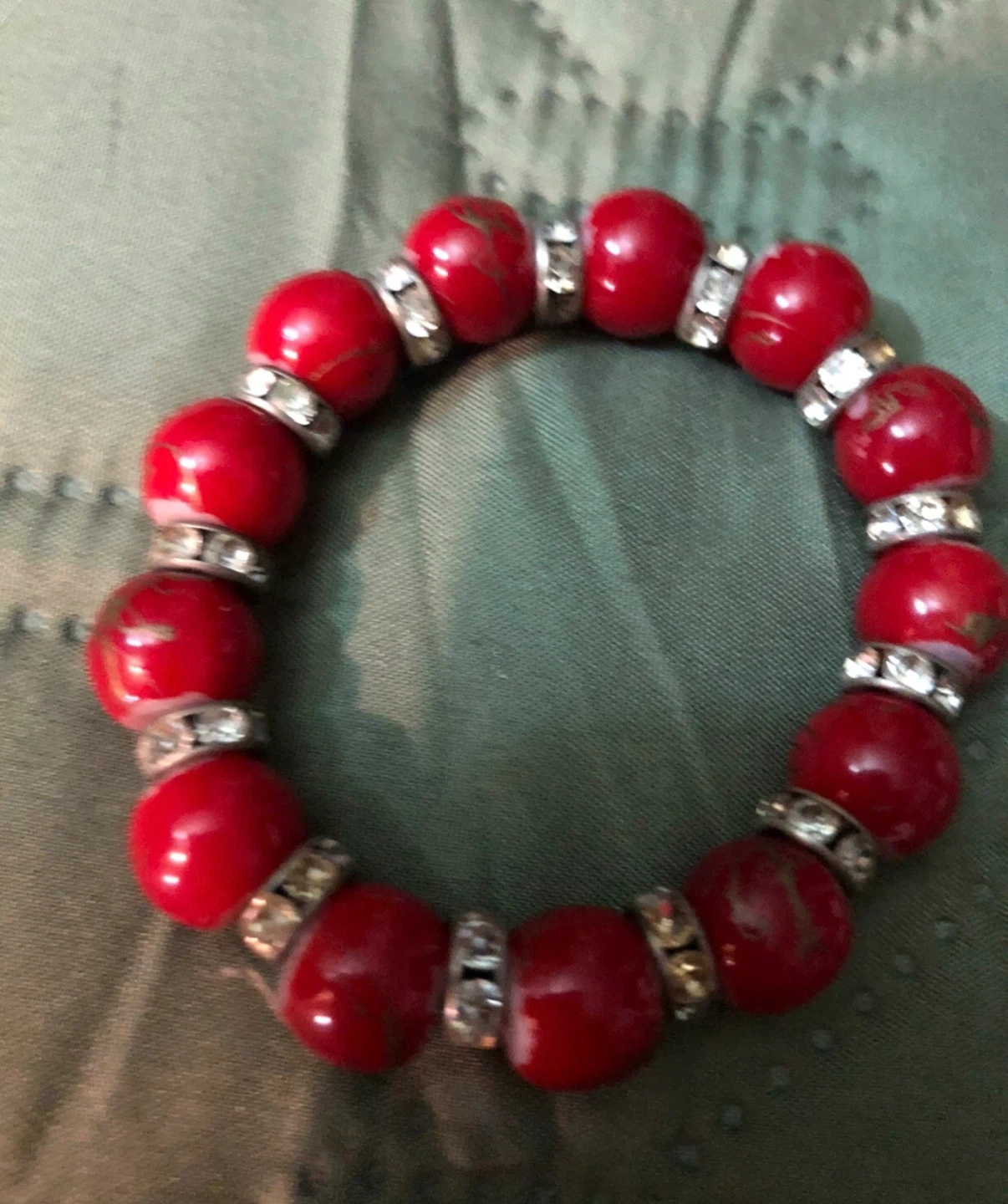 Red Beaded Stretch Bracelet with Rhinestone Bow - photo 2