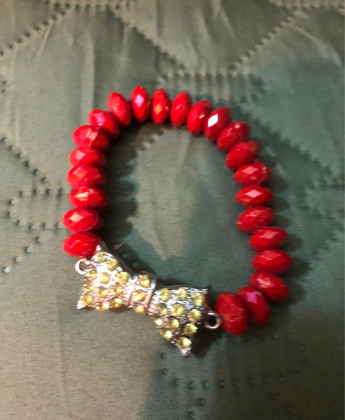Red Beaded Stretch Bracelet with Rhinestone Bow
