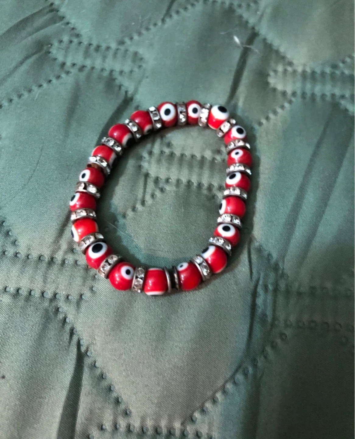 Red Evil Eye Beaded Bracelet with Rhinestones