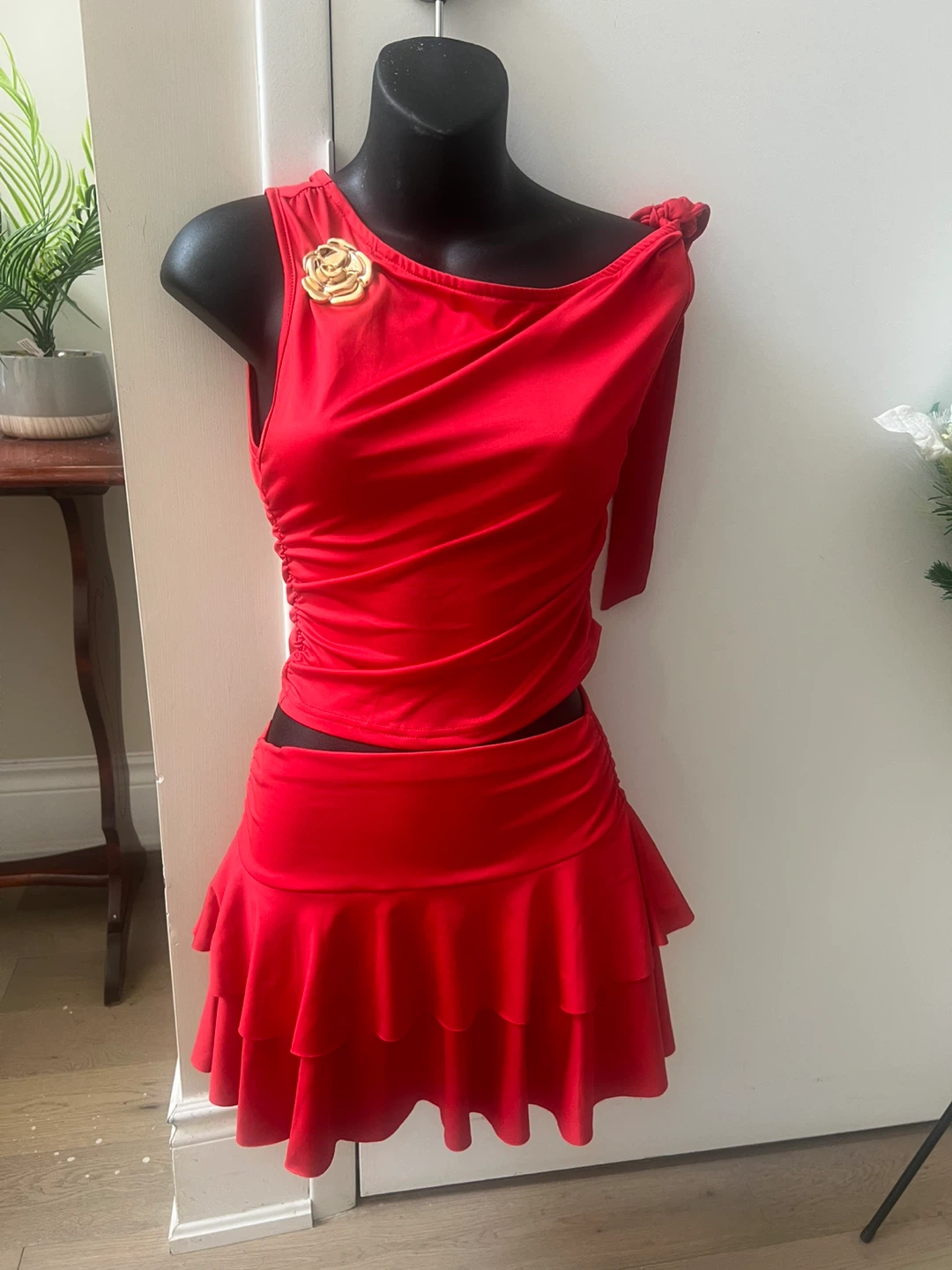 Red One-Shoulder Ruched two piece with Ruffled Skirt