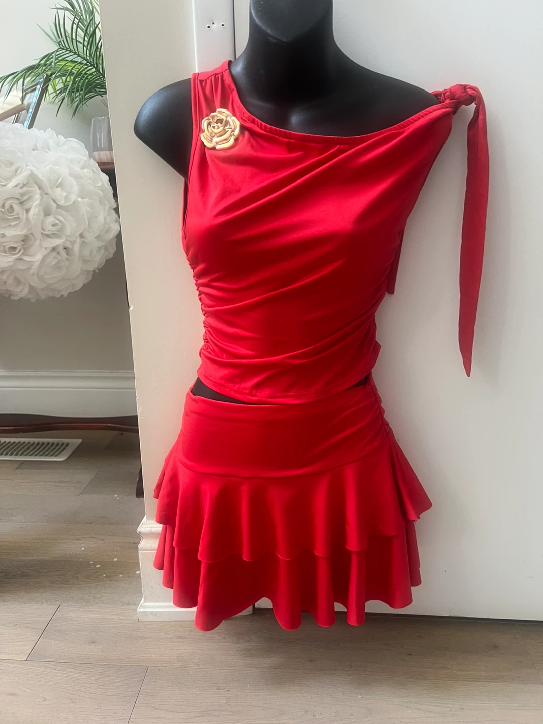 Red One-Shoulder Ruched two piece with Ruffled Skirt - photo 3