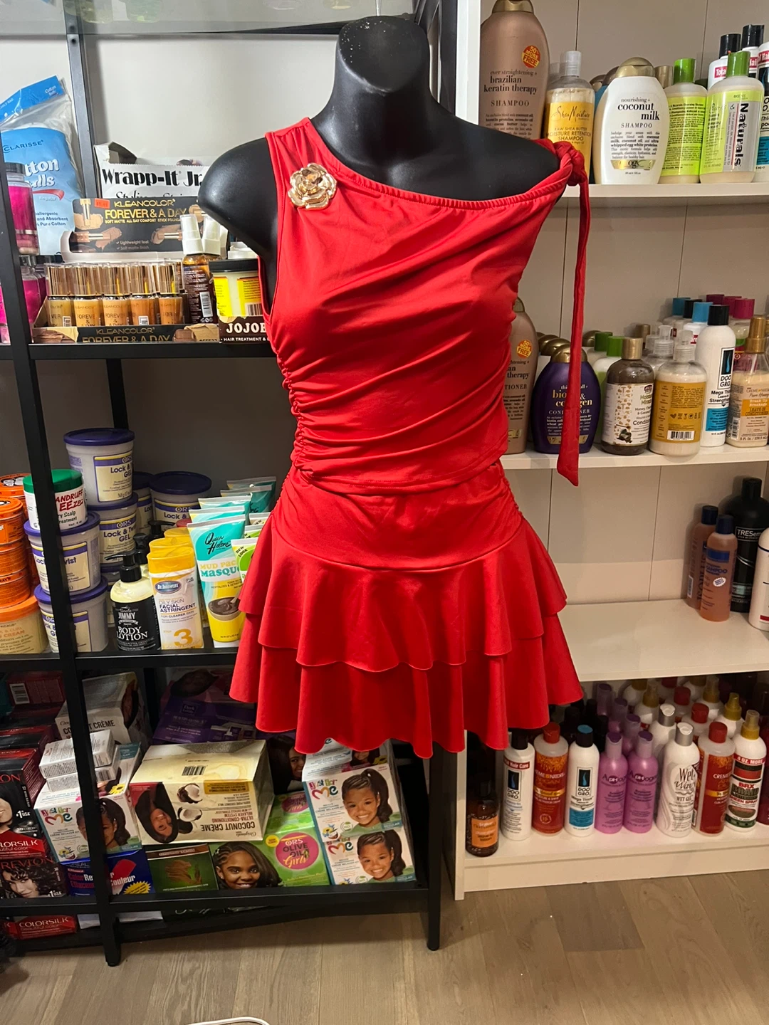 Red One-Shoulder Ruched two piece with Ruffled Skirt - photo 4