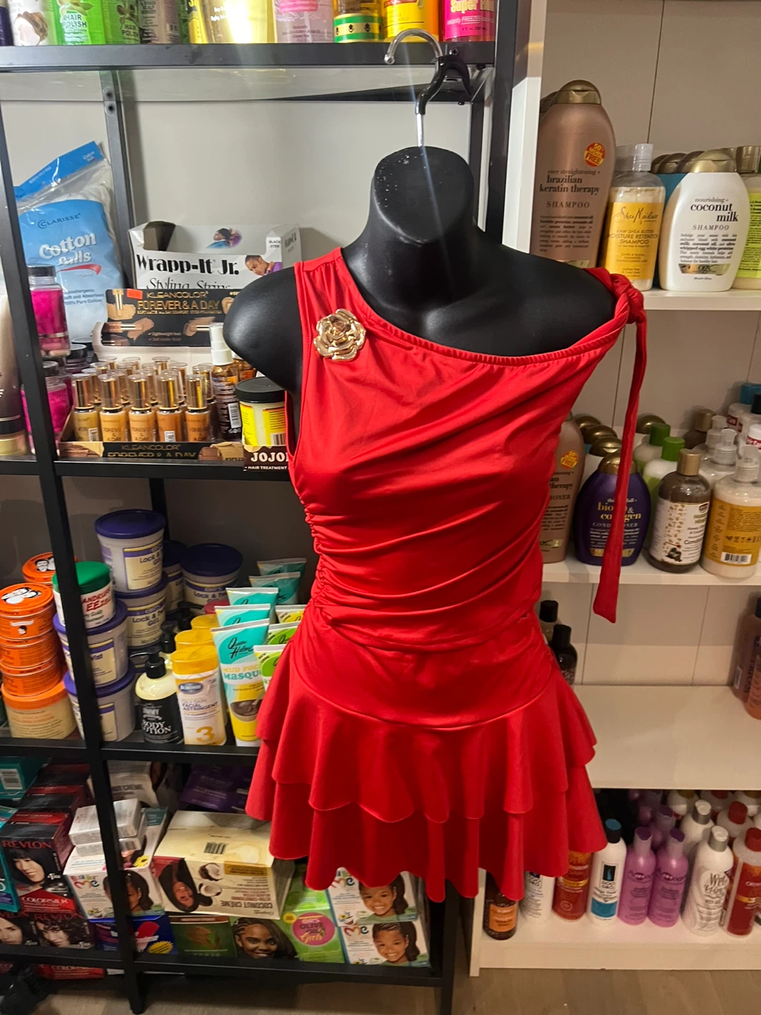 Red One-Shoulder Ruched two piece with Ruffled Skirt - photo 5