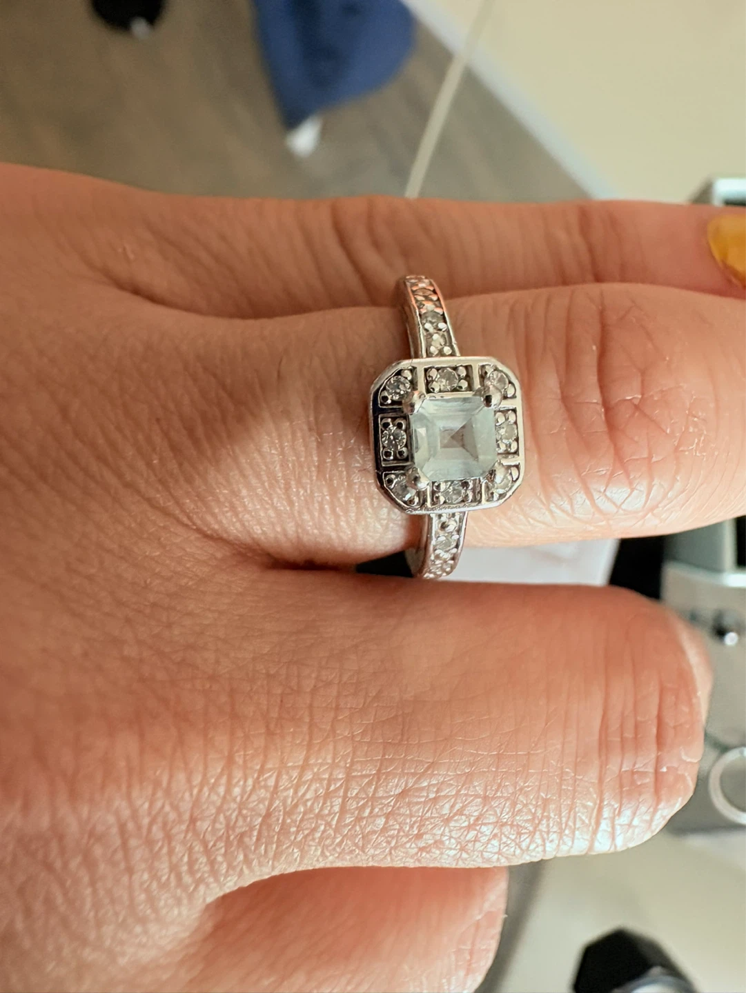 Sterling Silver Halo Ring with Square Cut Center Stone