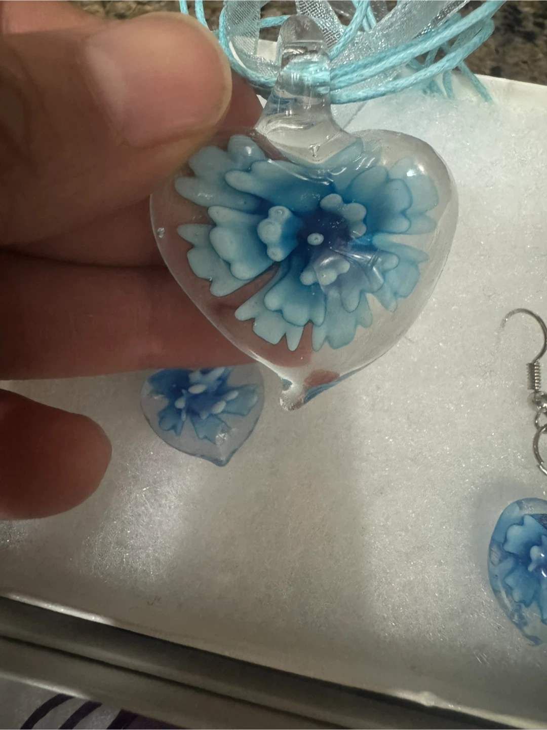 Handmade Glass Flower Pendant Necklace and Earring Set - photo 2