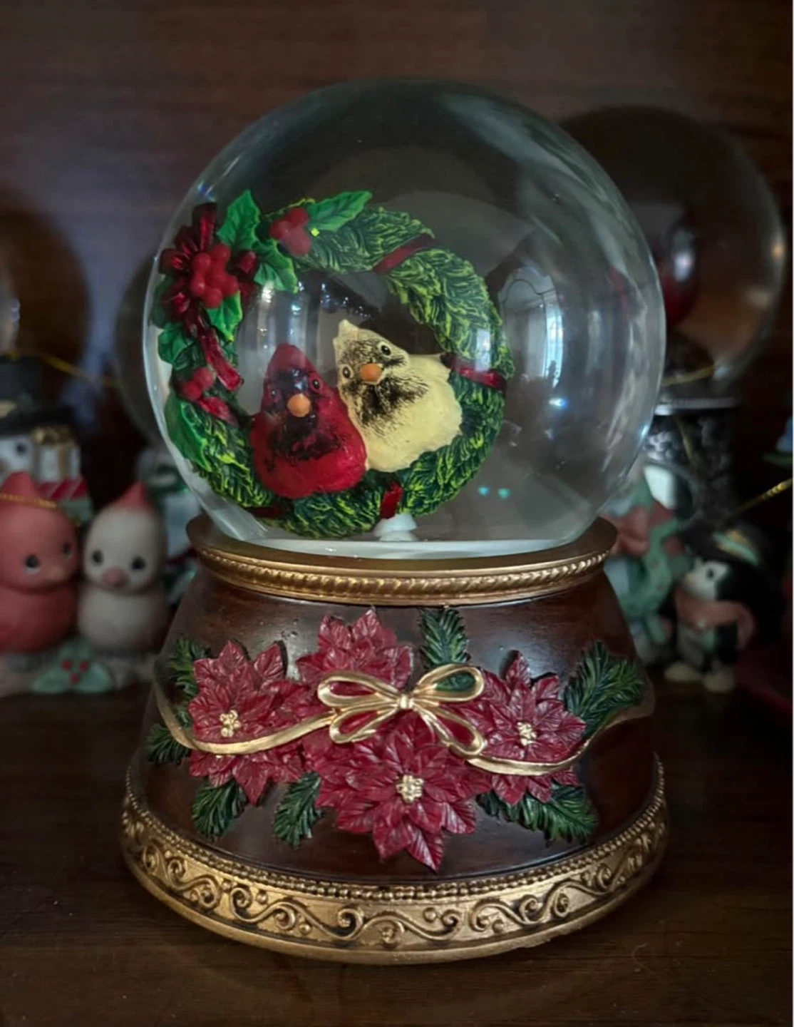 Musical Snow Globe with Male and Female Cardinal