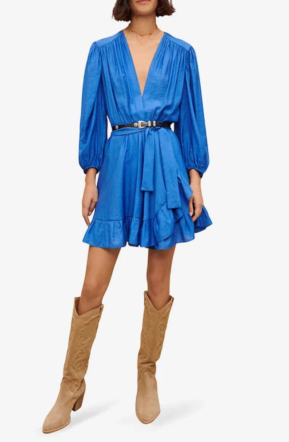 Blue Ruffle Wrap Dress with Belt