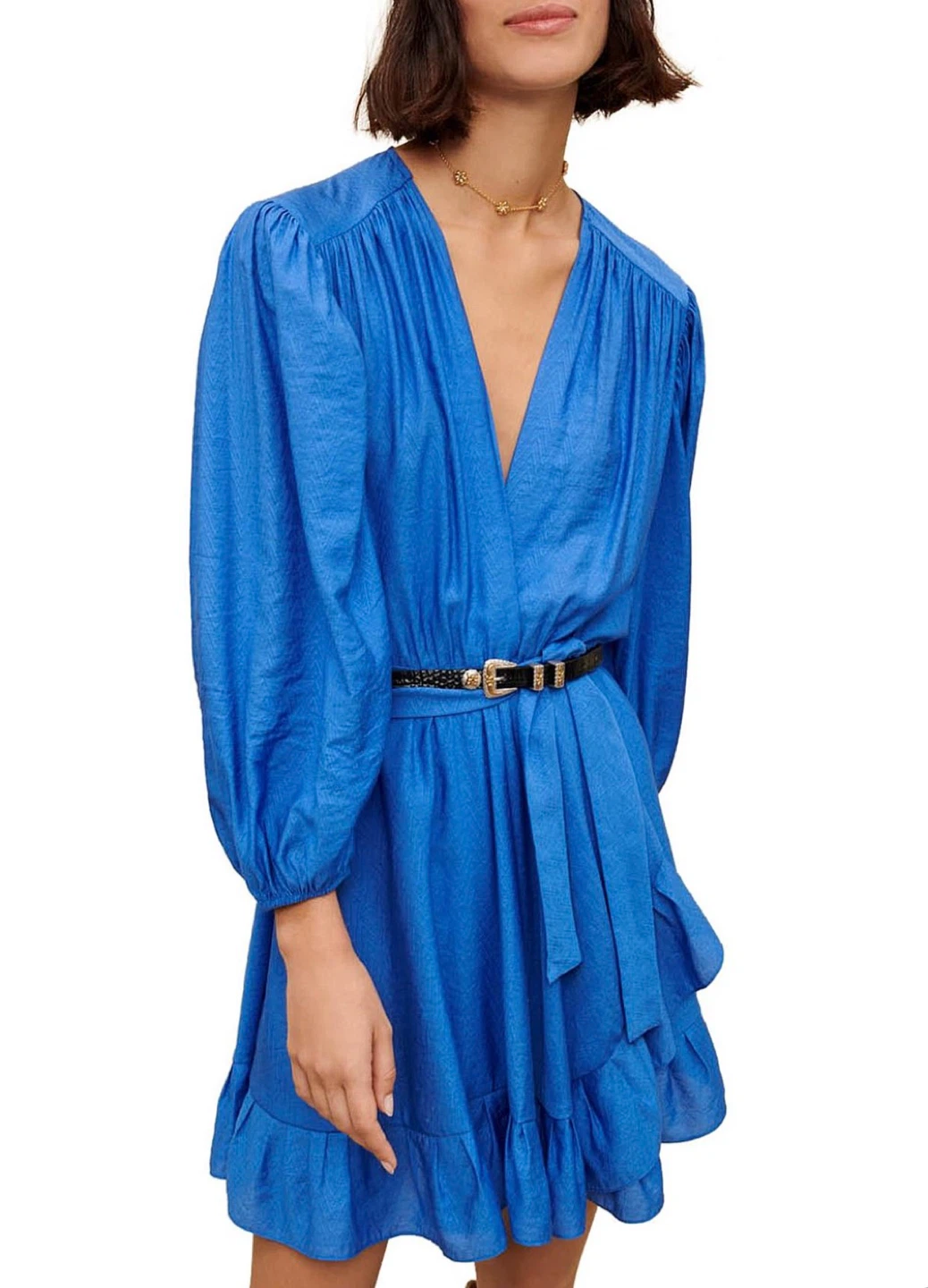 Blue Ruffle Wrap Dress with Belt - photo 3