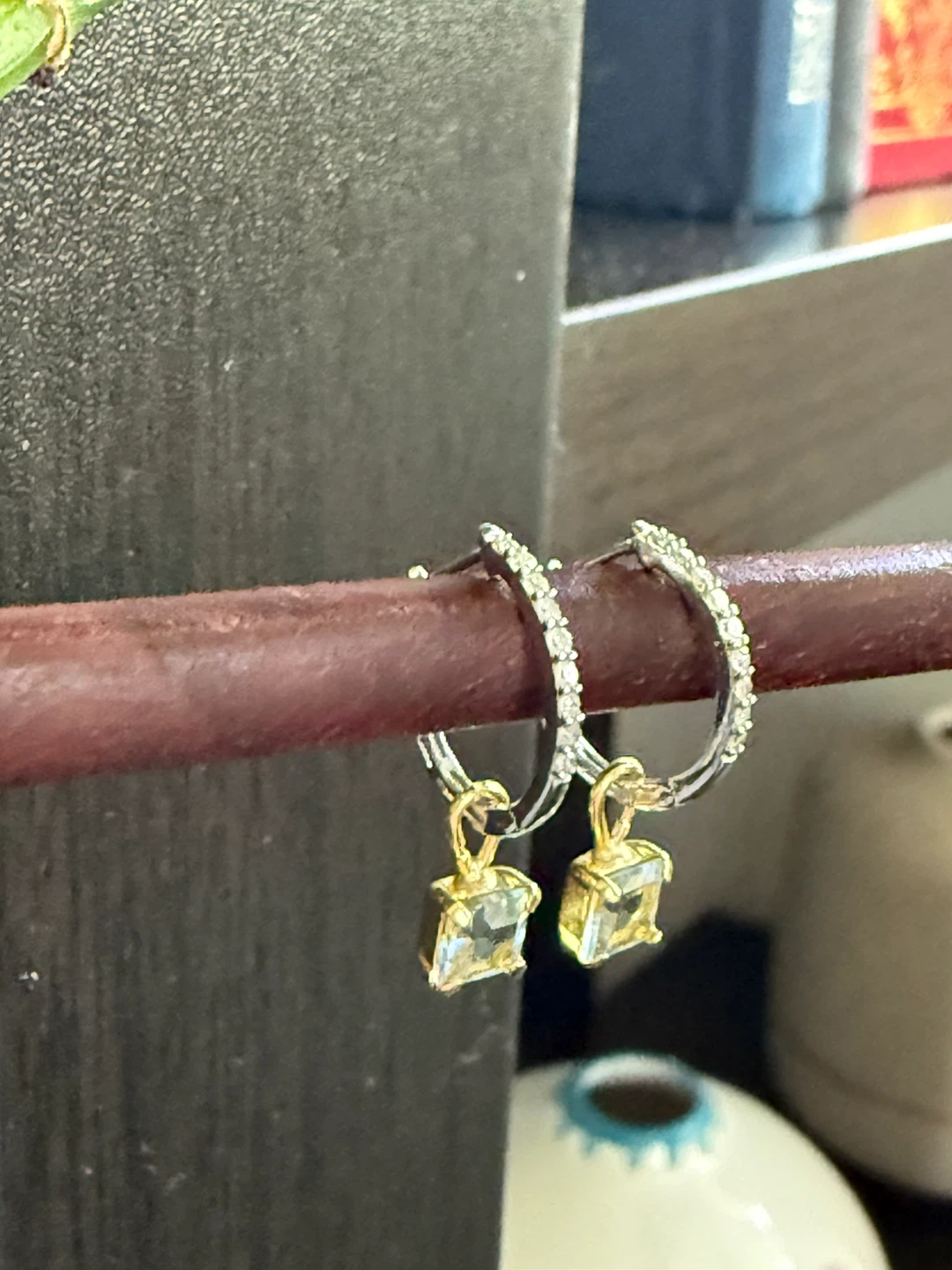 18K Gold Natural Diamond Earrings w/ Natural Topaz Charms