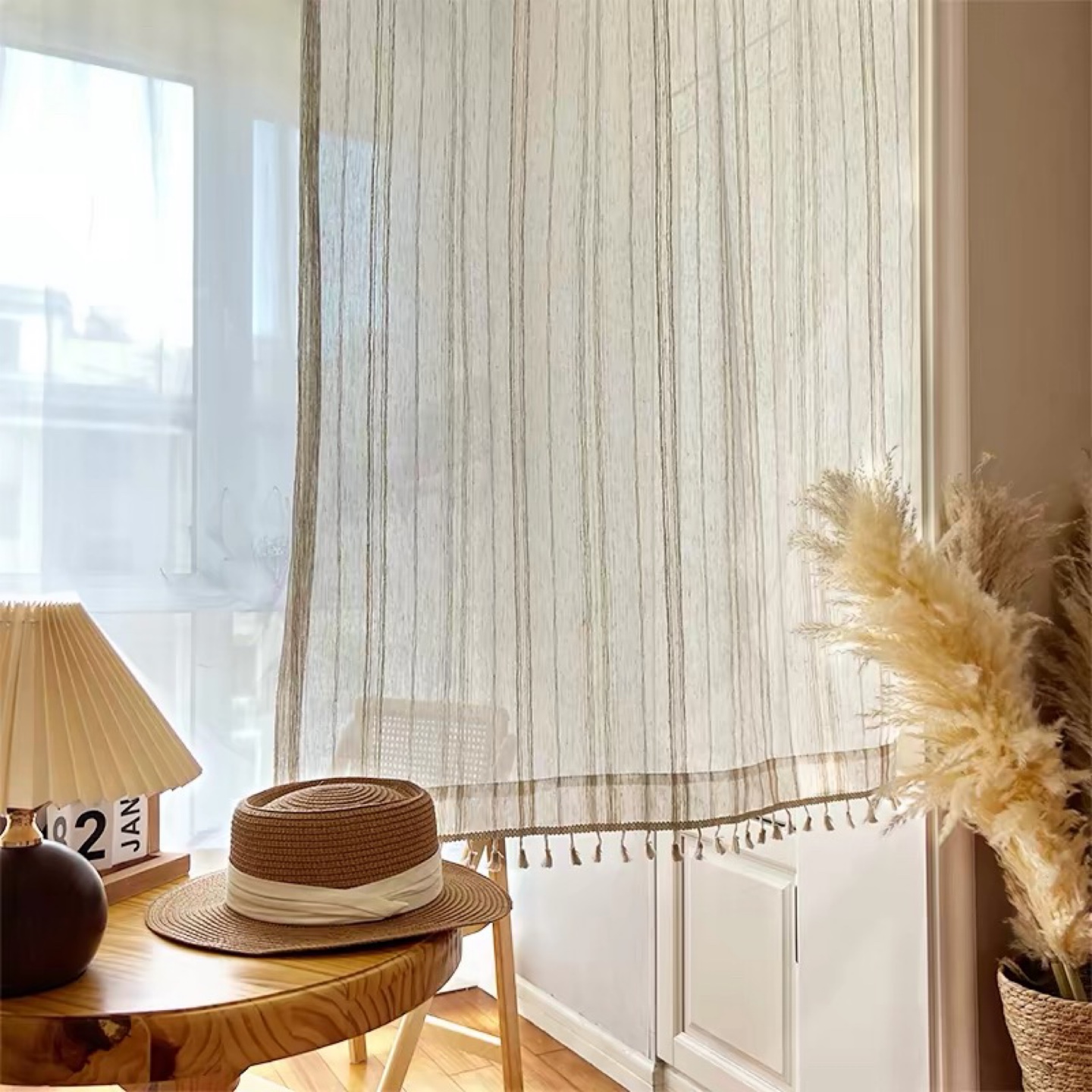 Sheer Striped Curtains with Tassels - photo 2
