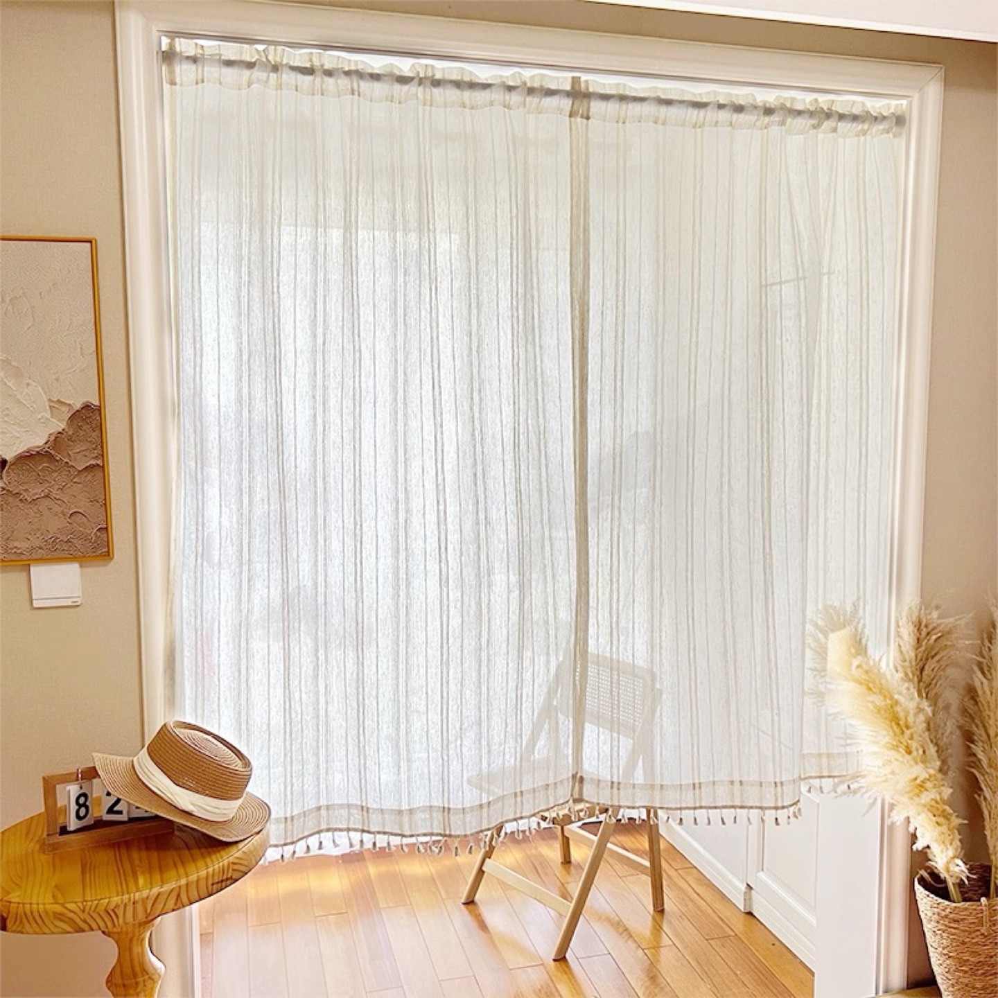 Sheer Striped Curtains with Tassels - photo 3