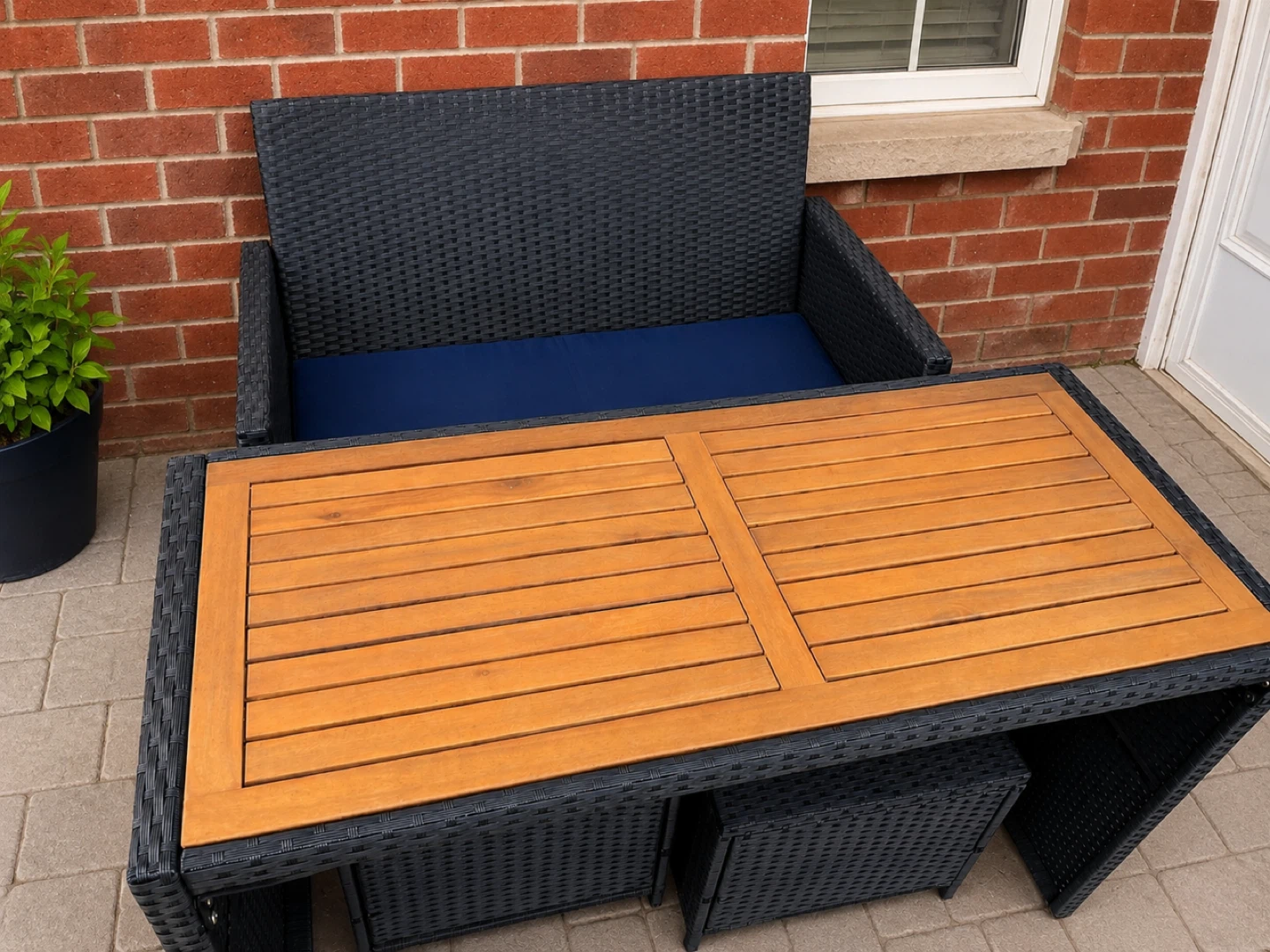Wicker Outdoor Loveseat with Wooden Table and Ottomans