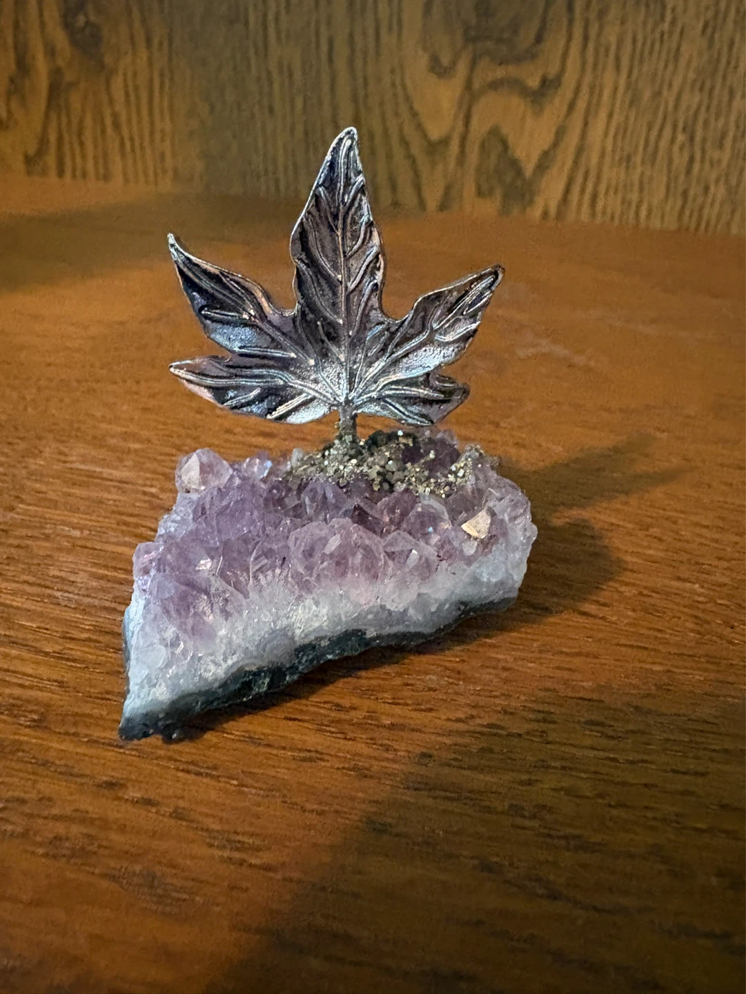 Amethyst Geode with Metal Maple Leaf Accent