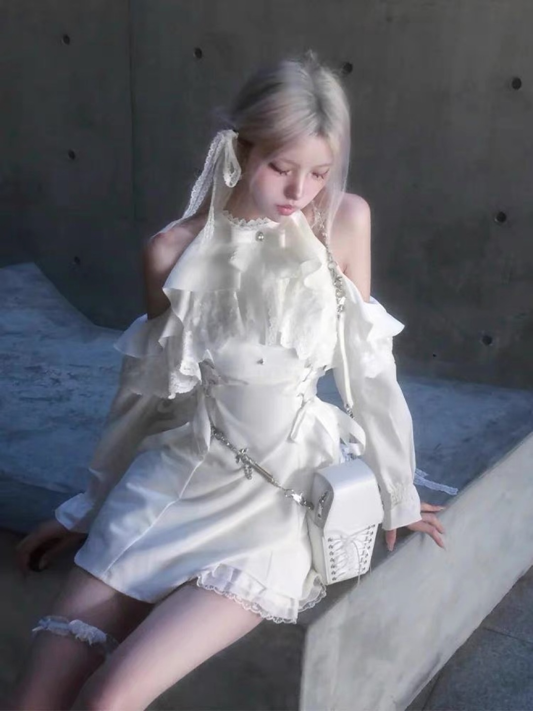 White Ruffled Cold Shoulder Dress with Chain Detail - photo 2