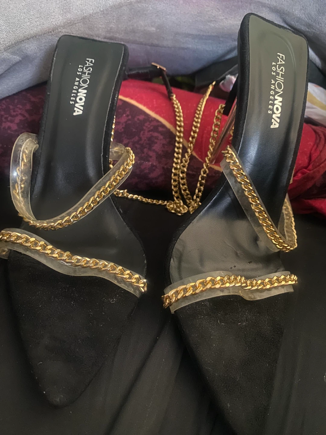 Fashion Nova Black Heels with Gold Chain Accent