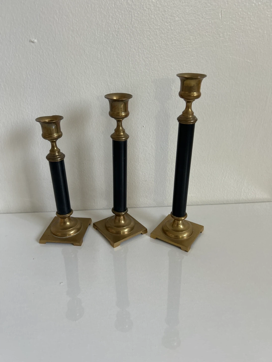 Set of 3 Brass and Black Candlesticks