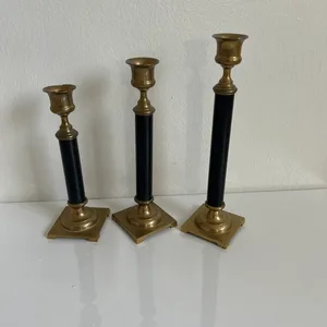 Set of 3 Brass and Black Candlesticks