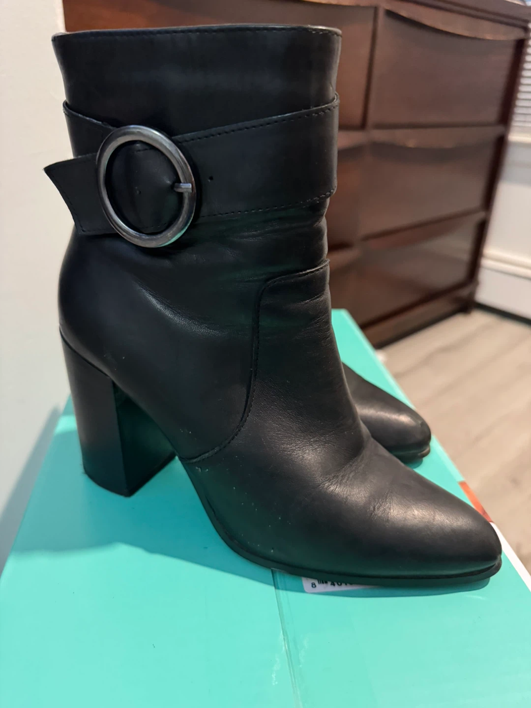 ALDO Black Leather Ankle Boots with Buckle Accent