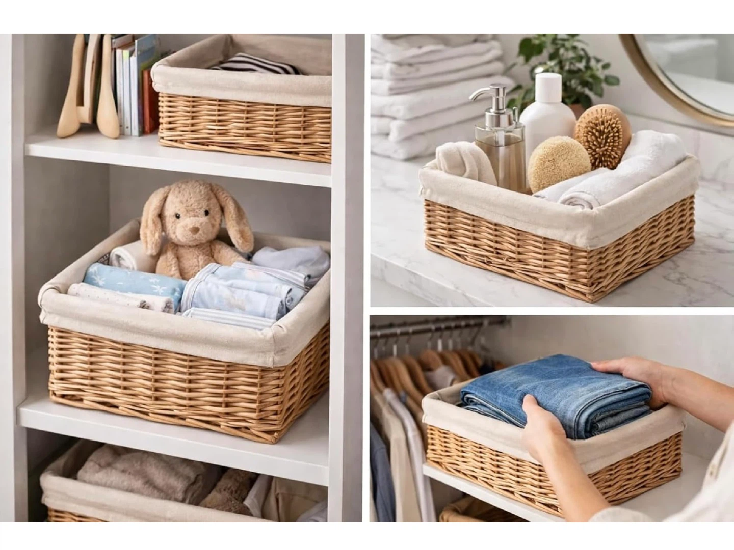 Natural Wicker Storage Basket + White Cotton Liner (SET OF 3) - photo 5