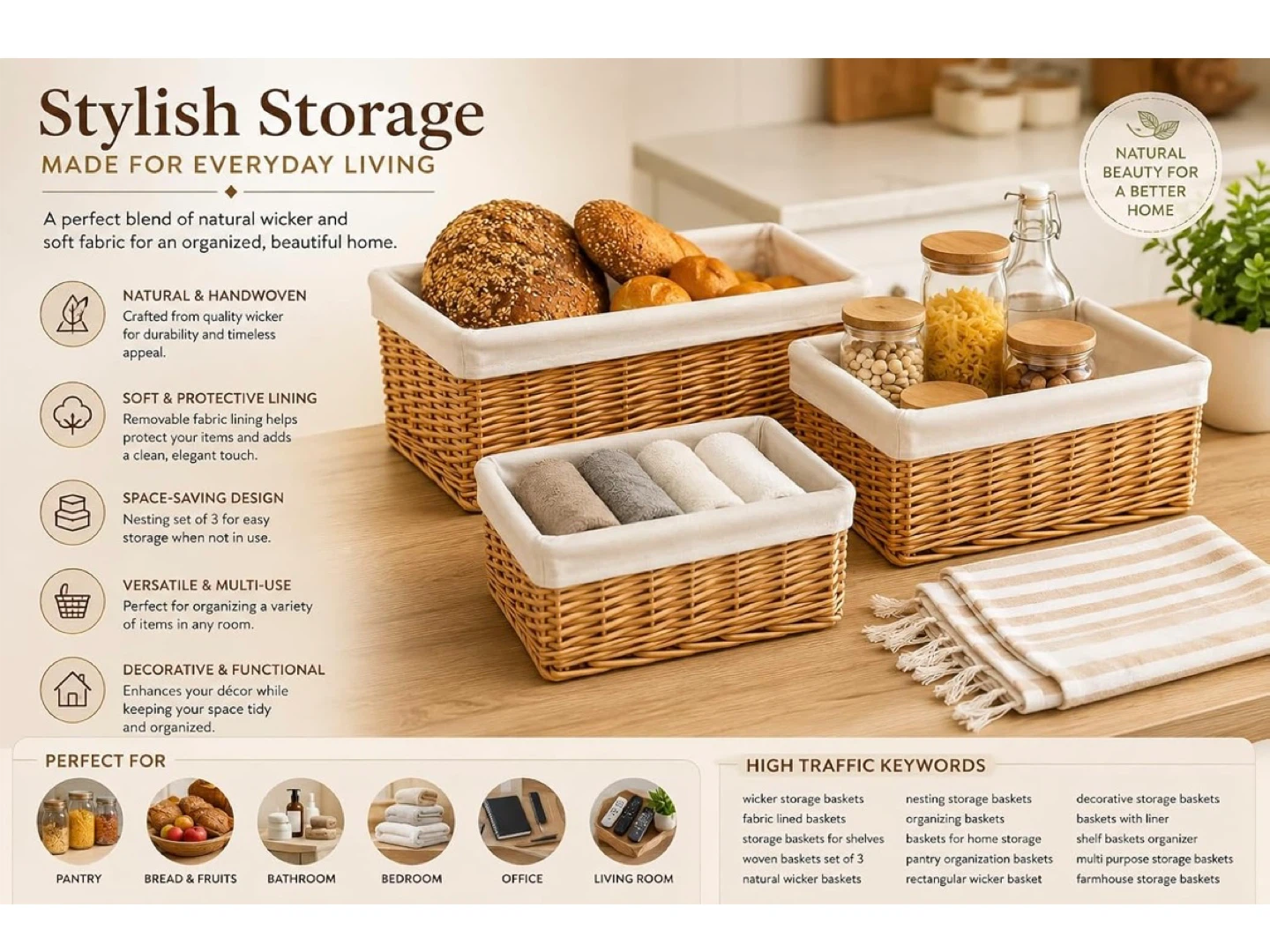 Natural Wicker Storage Basket + White Cotton Liner (SET OF 3) - photo 3