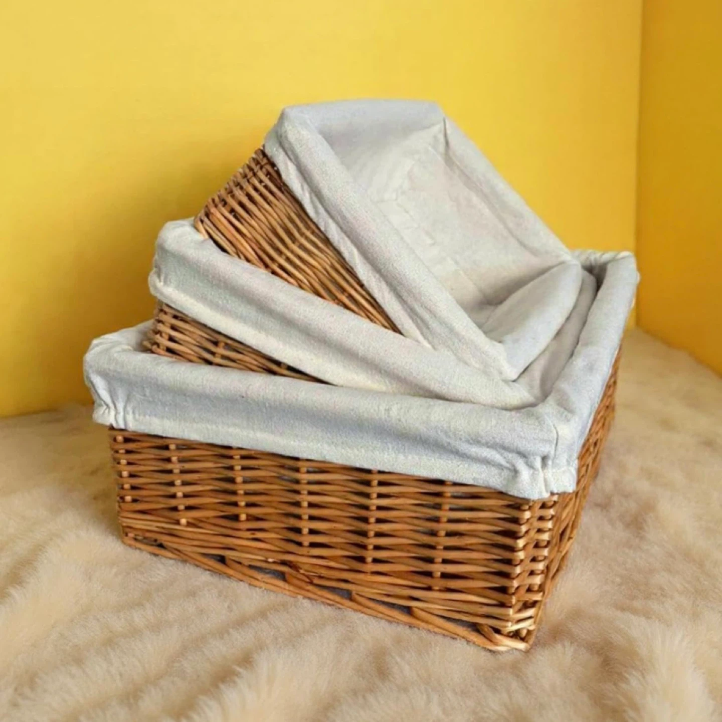 Natural Wicker Storage Basket + White Cotton Liner (SET OF 3)