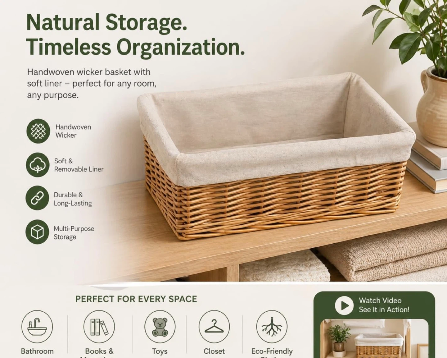 Natural Wicker Storage Basket + White Cotton Liner (SET OF 3) - photo 4