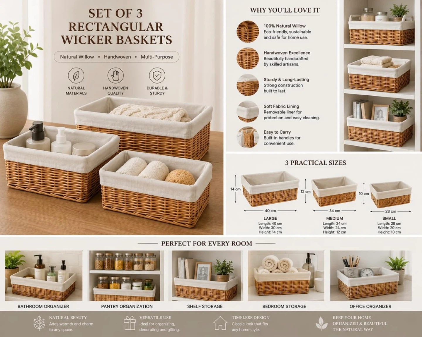 Natural Wicker Storage Basket + White Cotton Liner (SET OF 3) - photo 2