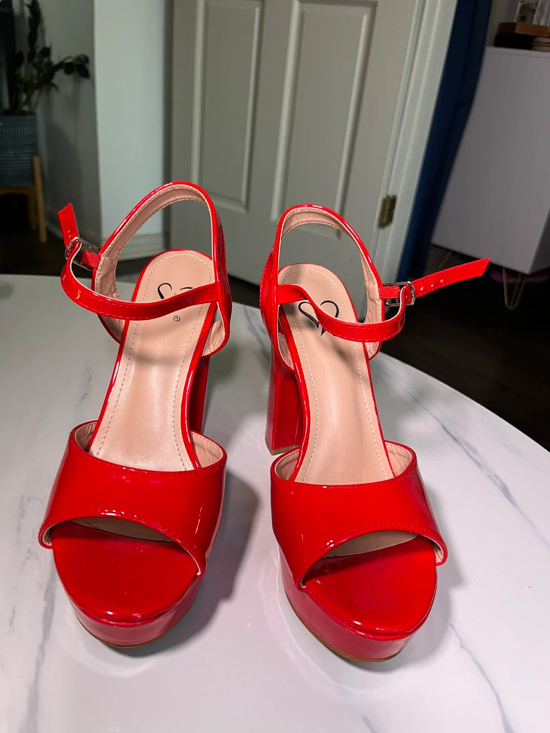 Red Patent Chunky Heel Sandals - Sz 7.5