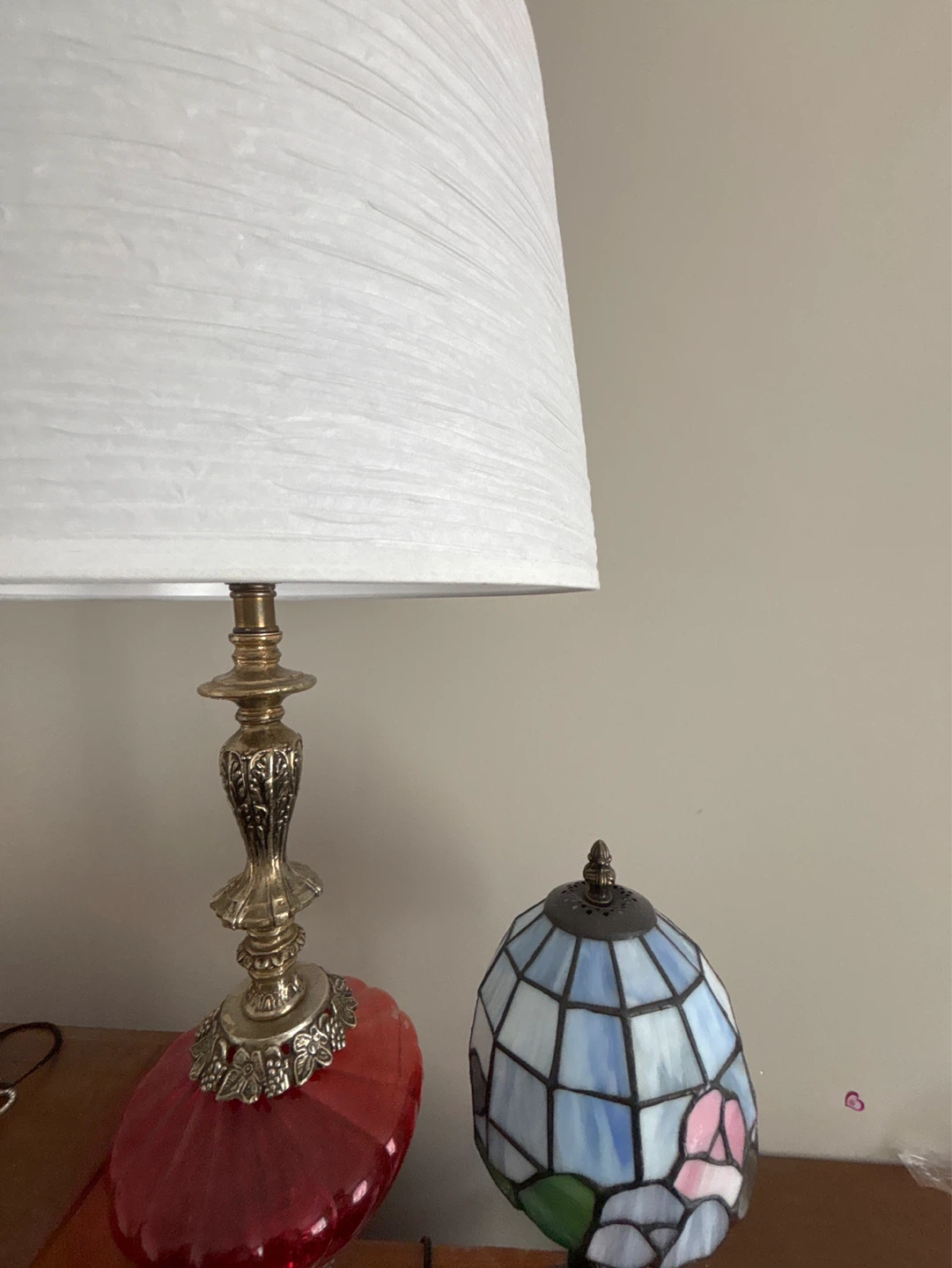 Red Glass Table Lamp with White Drum Shade
