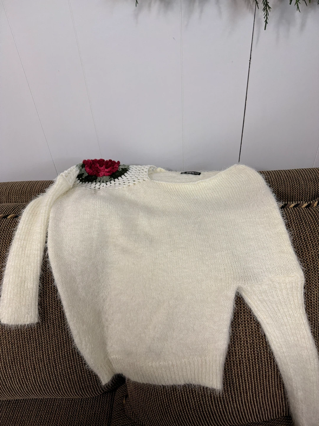 SHEIN Cream Fuzzy Sweater with Crochet Rose Detail