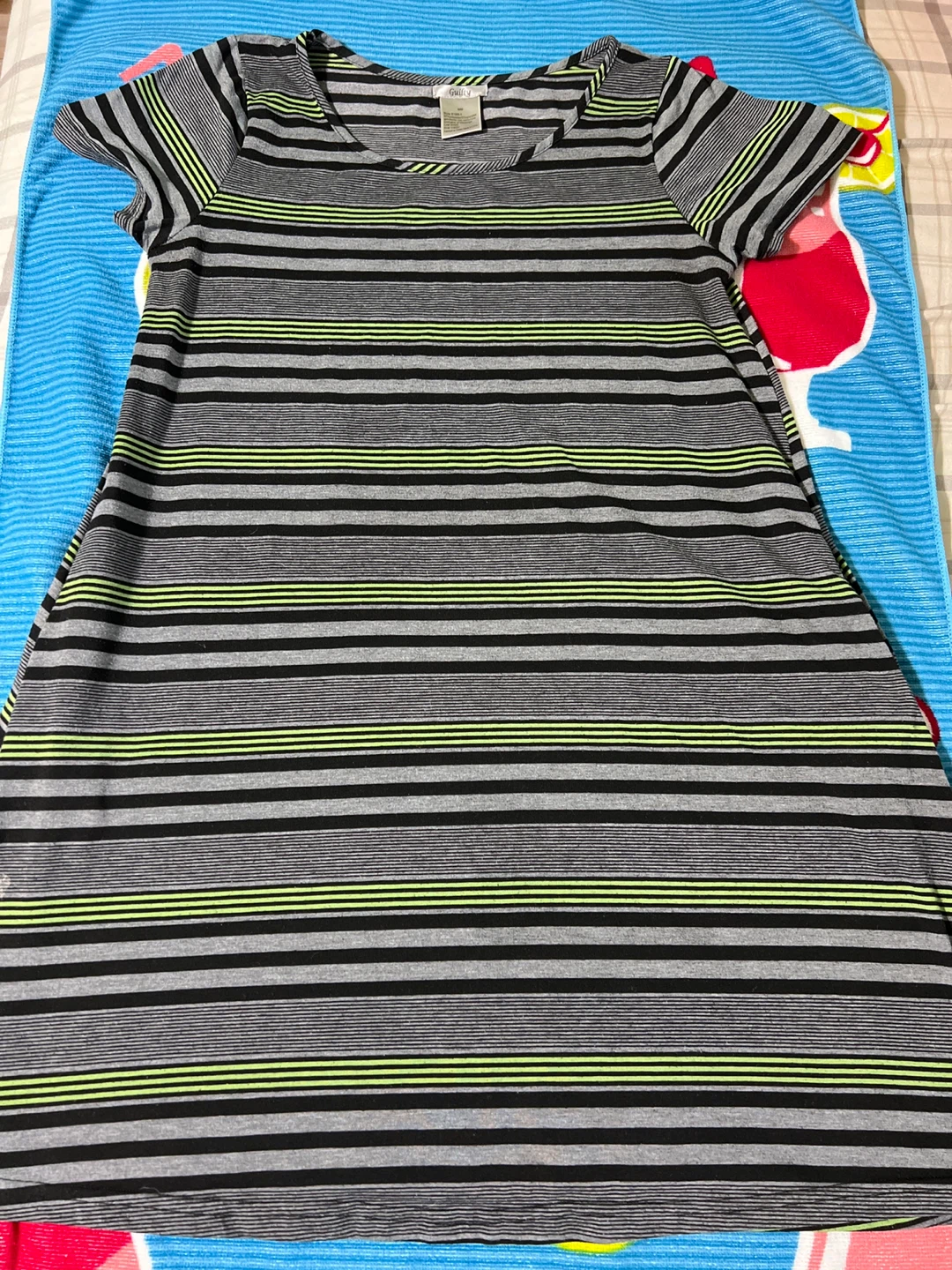 Women's Striped T-Shirt Dress - Black/Grey/Neon Green