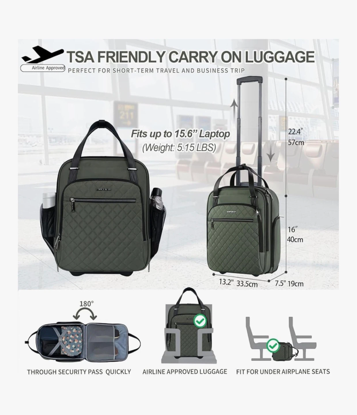Empsign Olive Green Carry-On Luggage with Wheels - photo 2
