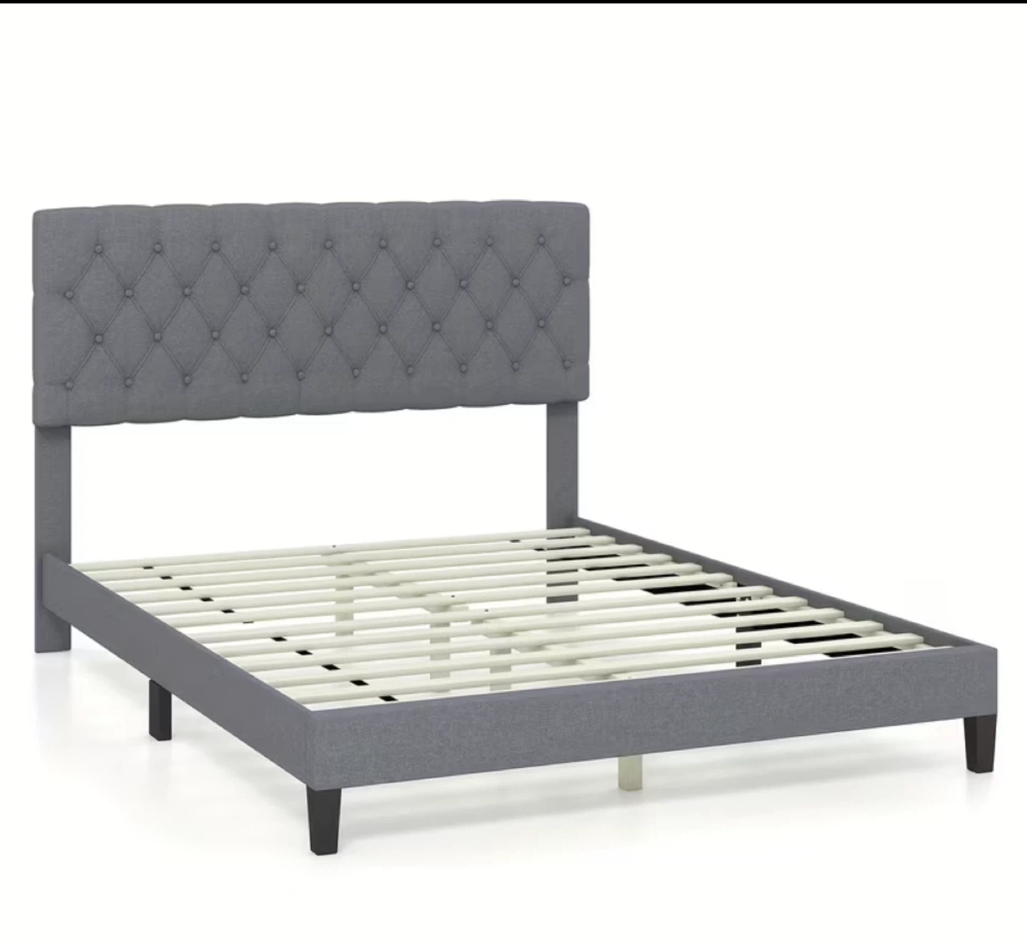 Grey Queen Size Upholstered Bed Frame with Tufted Headboard