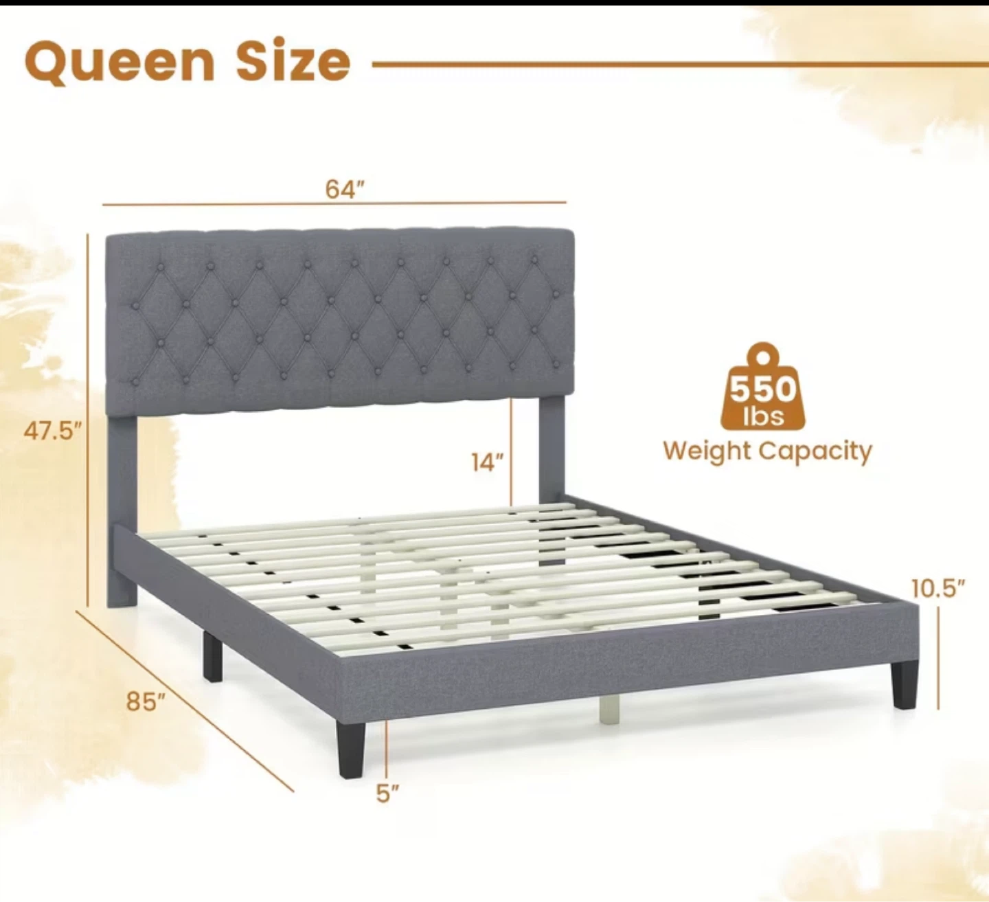 Grey Queen Size Upholstered Bed Frame with Tufted Headboard - photo 2