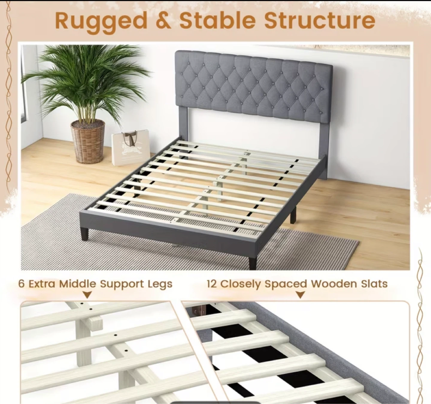 Grey Queen Size Upholstered Bed Frame with Tufted Headboard - photo 3