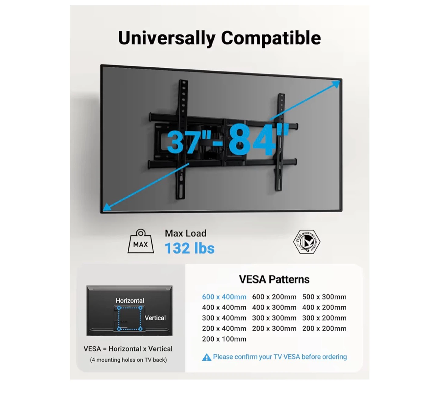 Adjustable TV Wall Mount for 37"-84" TVs - Max Load 132 lbs - photo 2