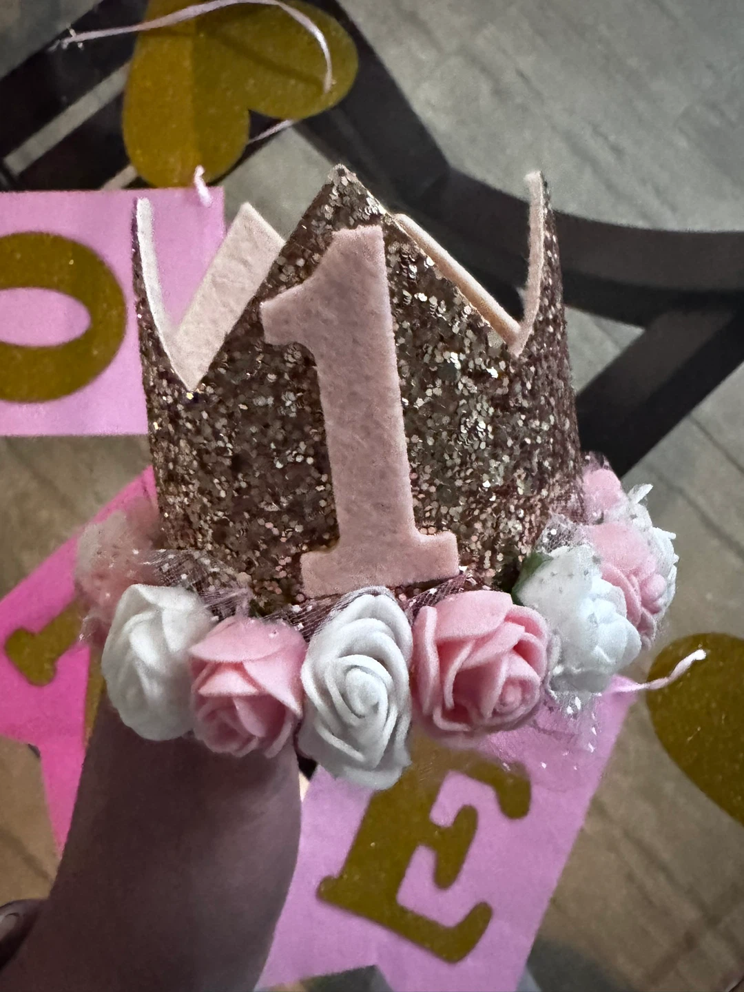 Pink & Gold "ONE" Banner and Crown Set - photo 3