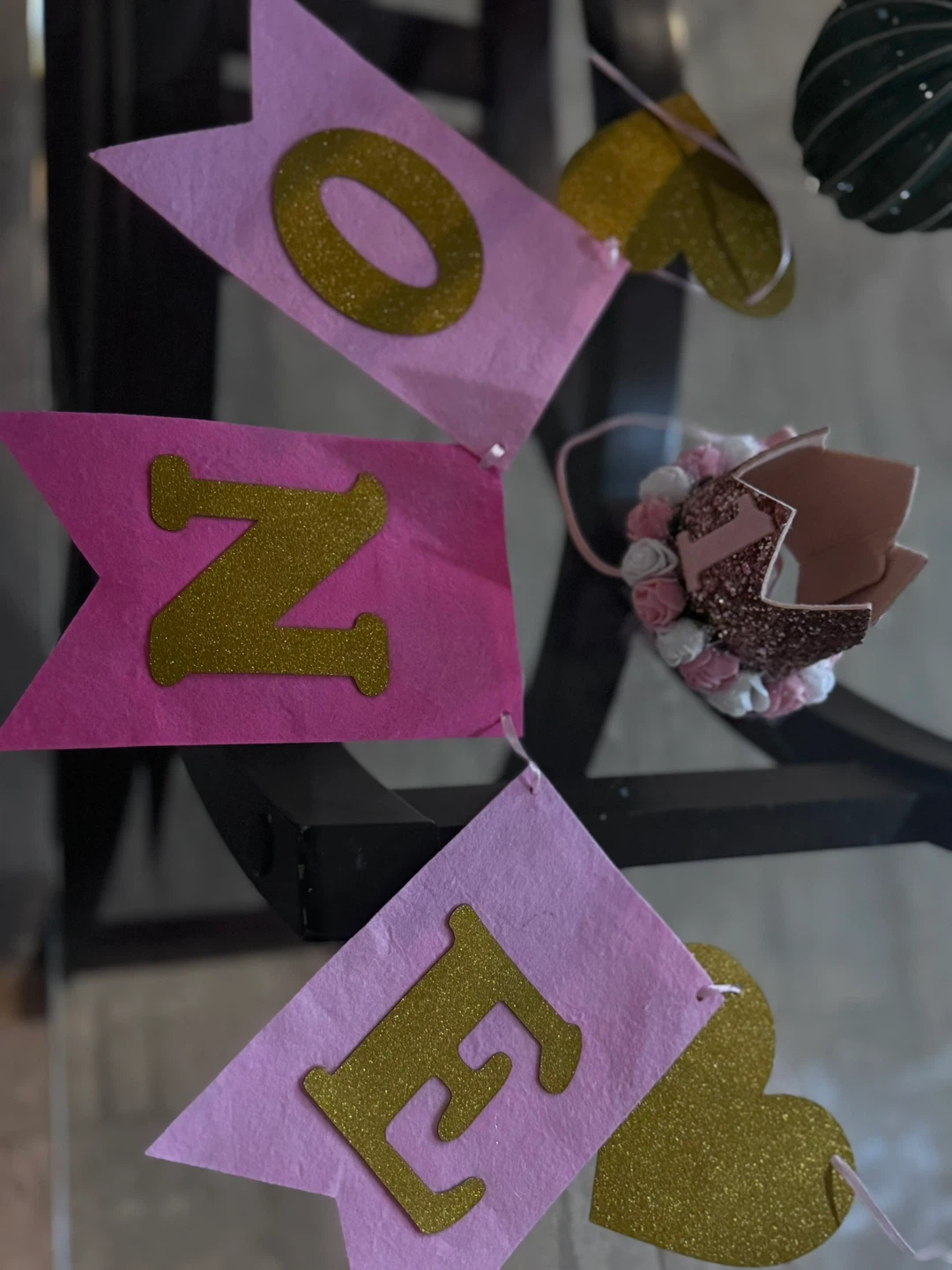 Pink & Gold "ONE" Banner and Crown Set