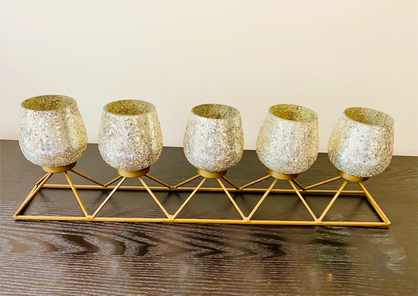 Gold mosaic glass votive set (5) on gold metal stand